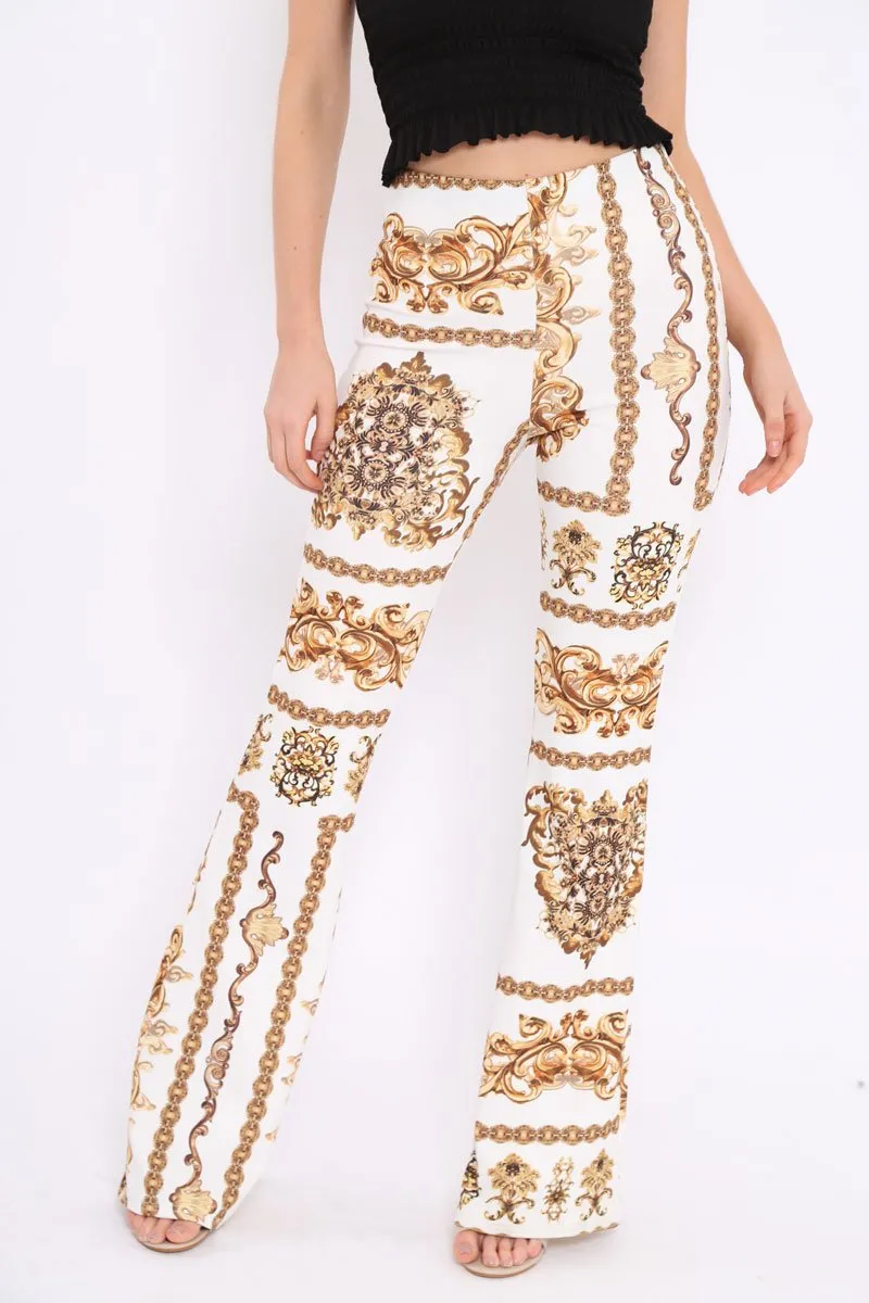 White Scarf Print High Waist Flared Trousers - Aamari