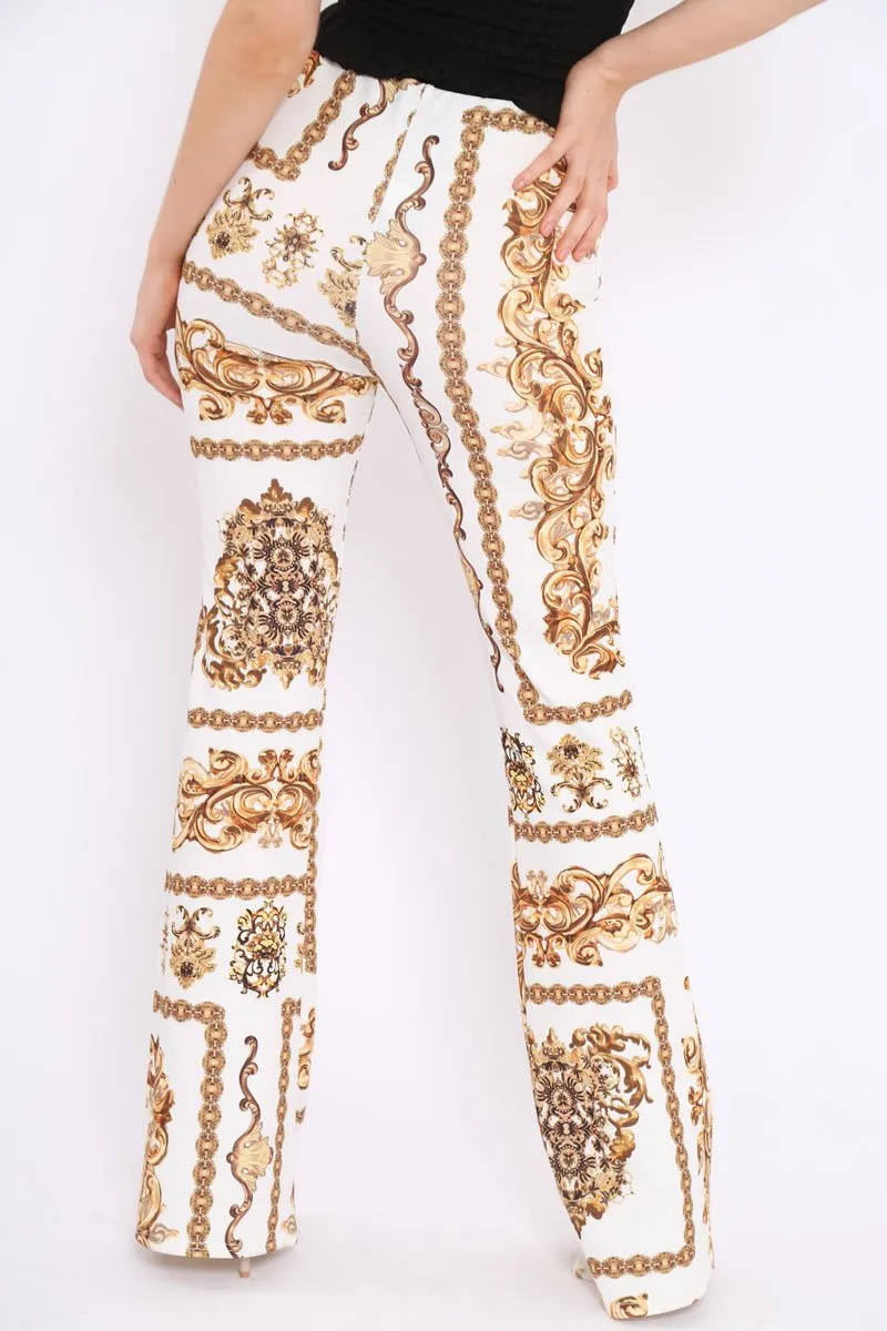 White Scarf Print High Waist Flared Trousers - Aamari