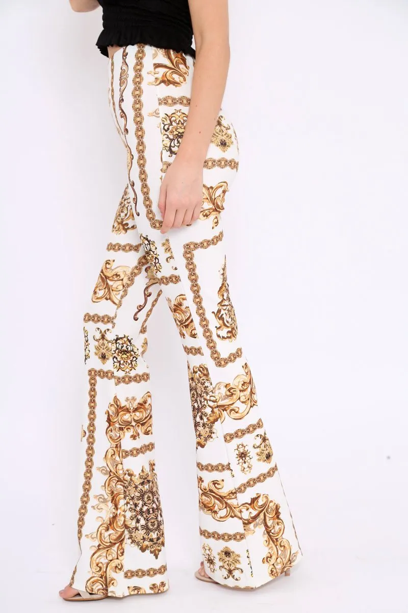 White Scarf Print High Waist Flared Trousers - Aamari