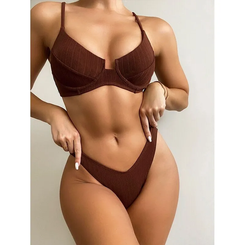 Women's Solid Color Sports Bikini Set Push Up Underwire Low Waist Swimsuit