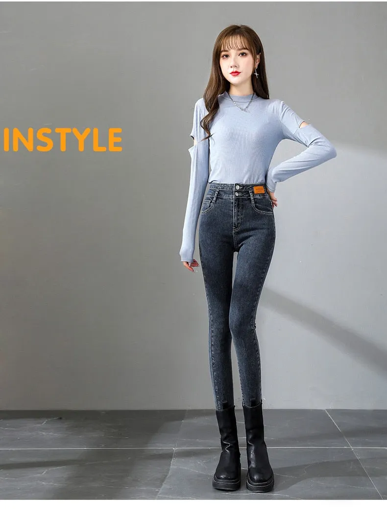 Women's Spring Denim High Waist Double Button Stretchy Skinny Jeans