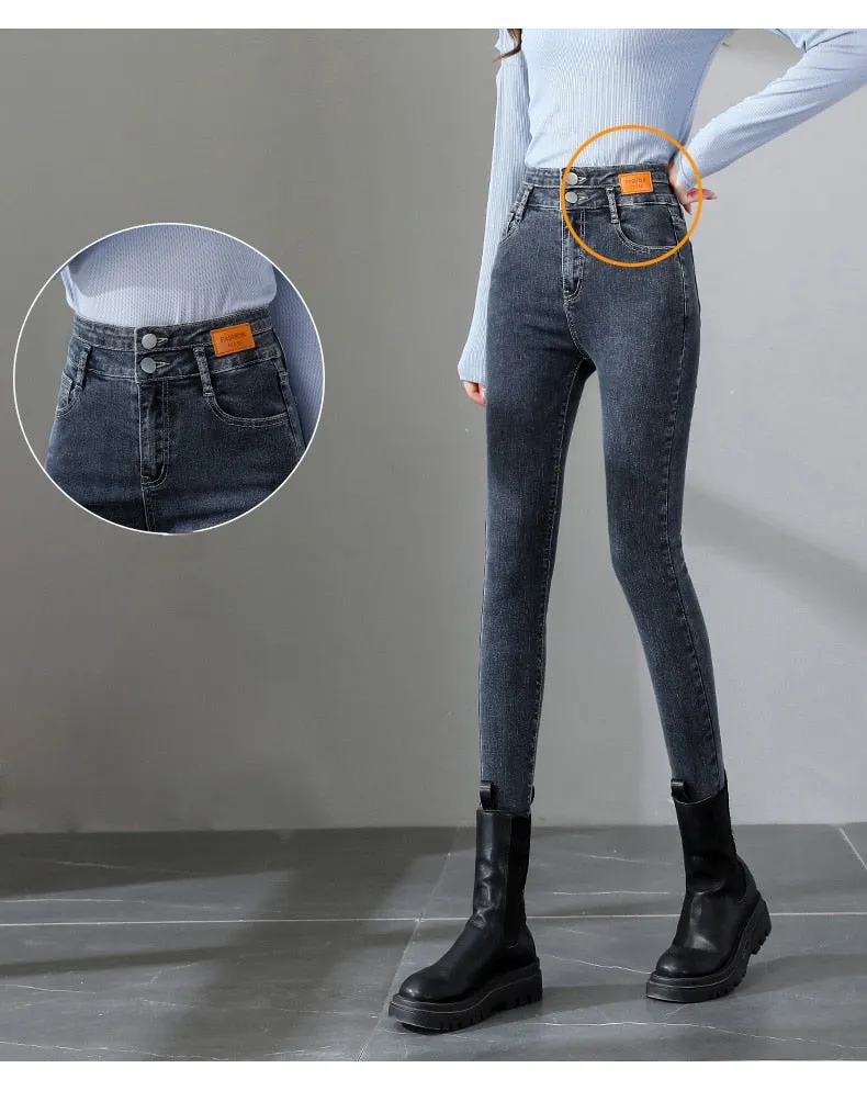 Women's Spring Denim High Waist Double Button Stretchy Skinny Jeans